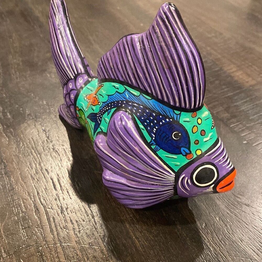 Fish Mexican Hand Painted Terracotta Pottery Purple Green Coastal Beach Decor - Picture 5 of 7